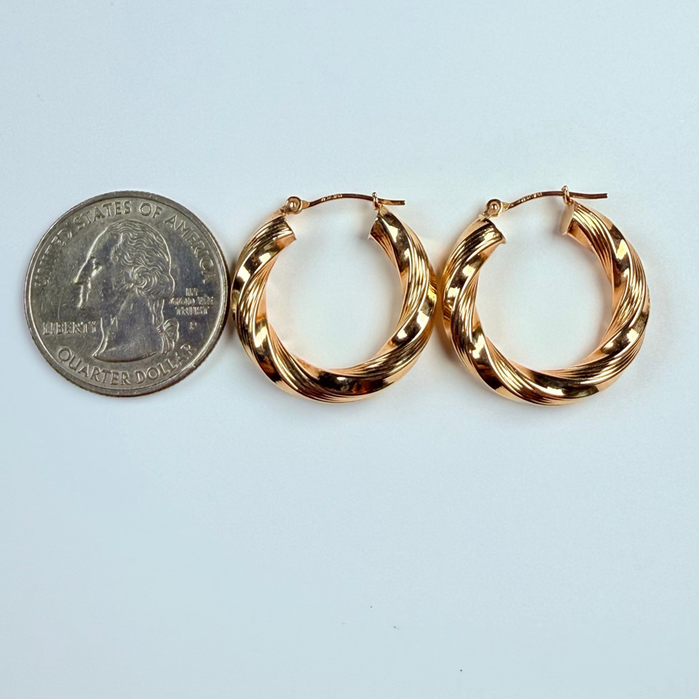 14K Solid Yellow Gold Jacmel Mauritius 24MM Twist Textured Hoop Earrings JCM - Picture 7 of 8